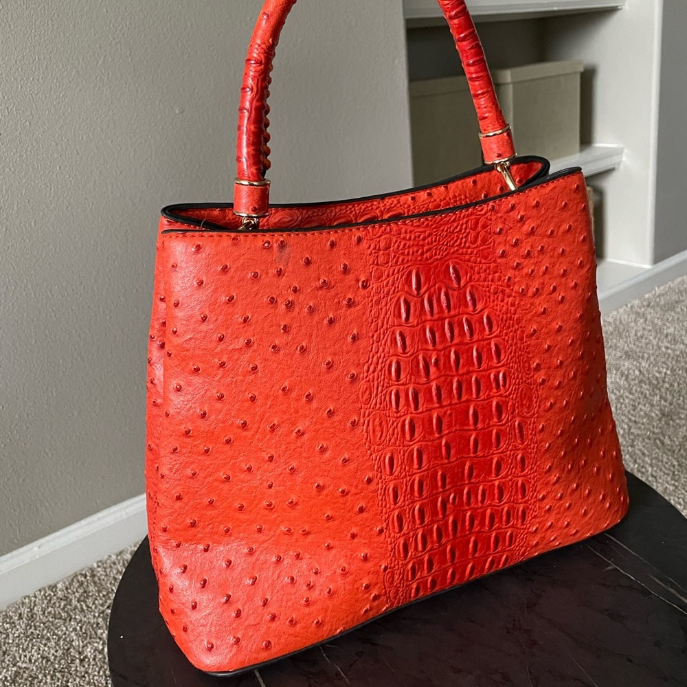 Red Vegan Leather Ostrich & Crocodile Purse